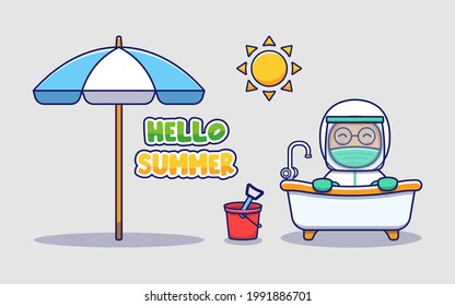 Cute doctor with hello summer greeting banner