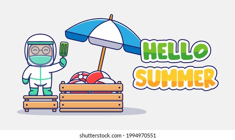 Cute doctor with hello summer greeting banner