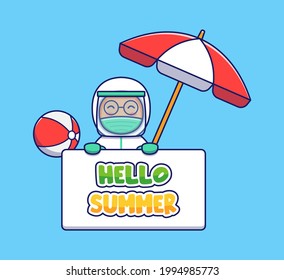 Cute doctor with hello summer greeting banner