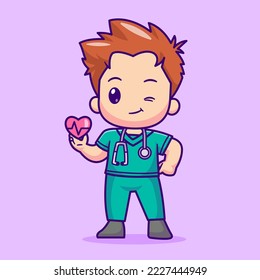 Cute Doctor Holding Love Heart with Stethoscope Cartoon Vector Icon Illustration. People Health Icon Concept Isolated Premium Vector. Flat Cartoon Style