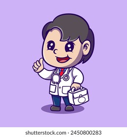 Cute a doctor holding a shield and inject cartoon illustration. Study icon concept. Flat cartoon style