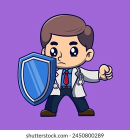 Cute a doctor holding a shield and inject cartoon illustration. Study icon concept. Flat cartoon style