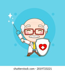 Cute Doctor Holding Shield And Injection Chibi Character Illustration