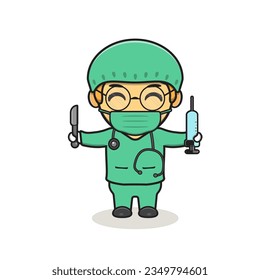 Cute Doctor Holding Stethoscope and Injection Cartoon Vector Icon Illustration. People Medical Icon Concept Isolated Premium Vector. Flat Cartoon Style