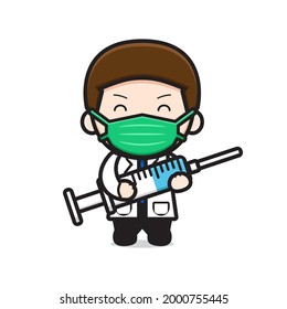 Cute doctor holding syringe cartoon icon vector illustration. Design isolated on white. Flat cartoon style.