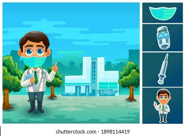 cute doctor in hospital with injectable vaccine and mask set suitable for health infographics