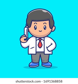 Cute Doctor With Injection Vector Icon Illustration. Corona Mascot Cartoon Character. Person Icon Concept White Isolated. Flat Cartoon Style Suitable for Web Landing Page, Banner, Flyer, Sticker, Card