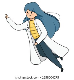 cute doctor jump and pointing her finger to the side. Doctor pointing to the right side. cute student.