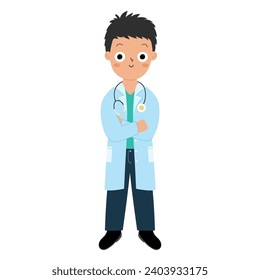 Un niño de doctores con estilo de caricatura. Niño gracioso con uniforme médico aislado de fondo blanco. Las profesiones de aprendizaje se inclinan por la escuela y el preescolar. Ilustración del vector