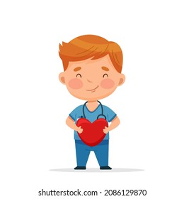 Cute doctor man holding a heart in his hands. Man smiles. Vector postcard in cartoon style for design, print, patterns