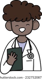 Cute doctor man with stethoscope holding a chart clipboard. Hand drawing cartoon.