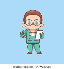 Cute doctor medical personnel chibi character give advice kawaii chibi character mascot illustration outline style design set