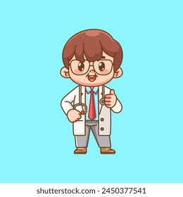 Cute doctor medical personnel chibi thumbs up character kawaii chibi character mascot illustration outline style design set