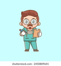Cute doctor medical personnel chibi take note character kawaii chibi character mascot illustration outline style design set