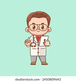 Cute doctor medical personnel hold tablet chibi character kawaii chibi character mascot illustration outline style design set