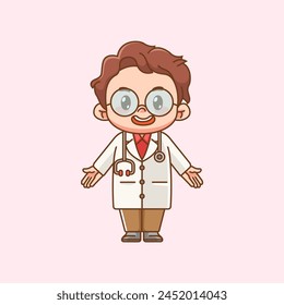 Cute doctor medical personnel welcome chibi character kawaii chibi character mascot illustration outline style design set