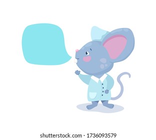 Ratón médico con burbuja de texto, carácter vector sobre fondo blanco
