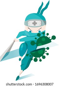 El doctor ninja lucha contra el virus de la corona. Lucha contra el virus verde. vacuna médica.
Concepto de doctor ninja 