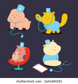 Cute doctor pets cartoon characters set. Veterinary and health concept illustration.