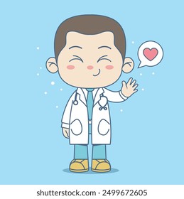 cute doctor smiling and waving hand Vector mascot Illustration healthcare medical science Isolated