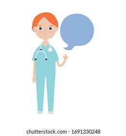 cute doctor standing with speech bubble icon over white background, flat style, vector illustration