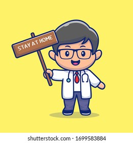 Cute Doctor Stay At Home Vector Icon Illustration. Corona Mascot Cartoon Character. Person Icon Concept White Isolated. Flat Cartoon Style Suitable for Web Landing Page, Banner, Flyer, Sticker