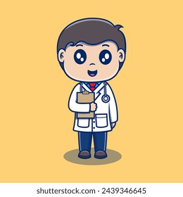 Doctor lindo con un estetoscopio y sosteniendo notas ilustración. Médico, Médico, Hospital, Chequeo, Saludable, Tratamiento, Personal, Estilo de caricatura plana