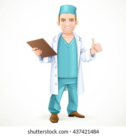 Cute doctor in surgical suit holding a history and showing gesture that everything will be okay isolated on white background