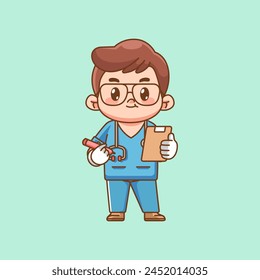 Cute doctor take notes medical personnel chibi character kawaii chibi character mascot illustration outline style design set