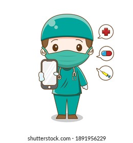 Cute doctor wearing surgery suit call center Vector illustration of chibi character isolated on white background.