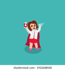 Cute Doctor Woman Super Hero Holding  syringe contain vaccine, and medicine bottle container.For Health medical covid content. Flat Design Flat cartoon character isolated