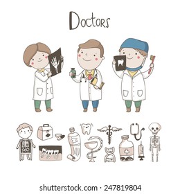 Cute Doctor, X-ray inspector, Dentist and medical equipment and symbols around them isolated on white background. Medicine vector set.