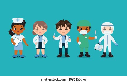 Cute doctors and nurse. Medical team. Flat vector cartoon design. 