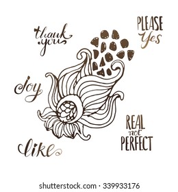 Cute doddle flower illustration with text message Thank you, Joy, like, Real not perfect. Decorative vector illustration. Typography banner design.
