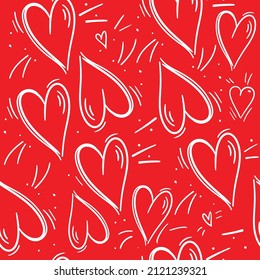 Cute doddle heart seamless pattern on red background