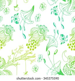 Cute doddle magic forest seamless pattern. Spring vector. 