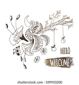 Cute Doddle Vector. Magic Tree Illustration. Hello And Welcome Text. Typography Banner Design.