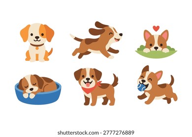 Cute dog activities element set vector, puppy character collection with different poses and breeds