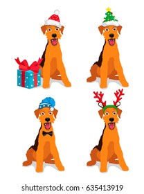 Cute dog - Airedale terrier breed in a New Year hat. Vector illustration on a blue background. Friend of human. Symbol of the 2018.
