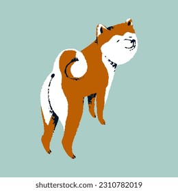 Cute dog of Akita Inu breed. Funny adorable canine animal, back view. Amusing bicolor doggy. Friendly charming purebred puppy, buttocks and tail. Isolated flat vector illustration