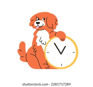 Cute dog with alarm clock. Time management, biorhythms concept. Funny happy doggy, puppy waiting, expecting, hinting. Canine animal and watches. Flat vector illustration isolated on white background