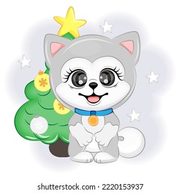 Cute dog Alaskan Malamute with a Christmas tree, Christmas or New Year vector illustration