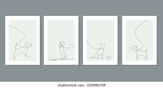 Cute-Hund Tier-Endloslinien-Zeichnungselemente einzeln auf weißem Hintergrund dekoratives Element. Vektorgrafik verschiedener Formen im trendigen Rahmenstil. Mauerkunst minimalistische Leinwand.
