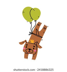 Cute Dog Animal Flying with Balloon Floating in the Air Vector Illustration