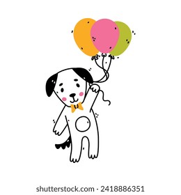 Cute Dog Animal Flying with Balloon Floating in the Air Vector Illustration