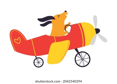 Cute Dog Animal Flying on Airplane with Propeller Vector Illustration