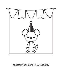 Cute Dog Animal With Garlands And Hat Party Vector Illustration Design