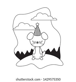 cute dog animal with hat party in landscape