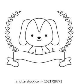cute dog animal with ribbon and branches of leafs vector illustration design