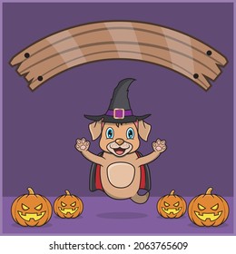 Cute Dog Animal wearing Vampire Halloween Custome, With Blank Space Banner, Pumpkins and Flying Position. Vector And Illustration.